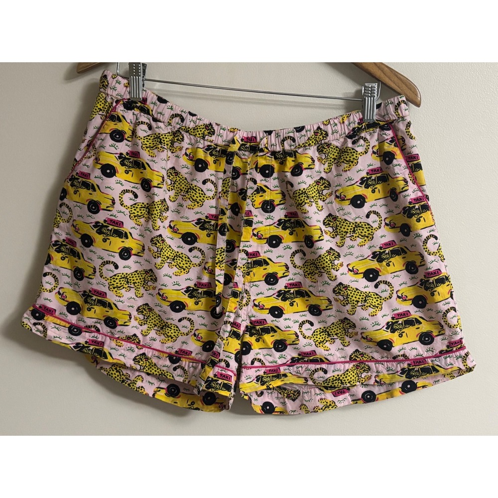 PrintFresh Wild Cats Taxi Organic Cotton Pajama Shorts Pink Yellow Large